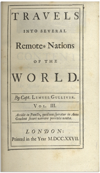 First Edition of ''Gulliver's Travels'' by Jonathan Swift From 1726 -- Near Fine Condition